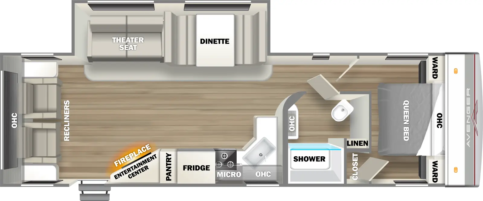 The 29RSL has one entry and one slideout. Interior layout front to back: foot-facing queen bed with overhead cabinet, wardrobes on each side, and door side closet; door side full bathroom with linen closet and medicine cabinet; off-door side slideout with dinette and theater seat; kitchen counter wraps from inner wall to door side with sink, overhead cabinet, microwave, cooktop, refrigerator, pantry, angles entertainment center with fireplace below, and entry; rear recliners with overhead cabinet.